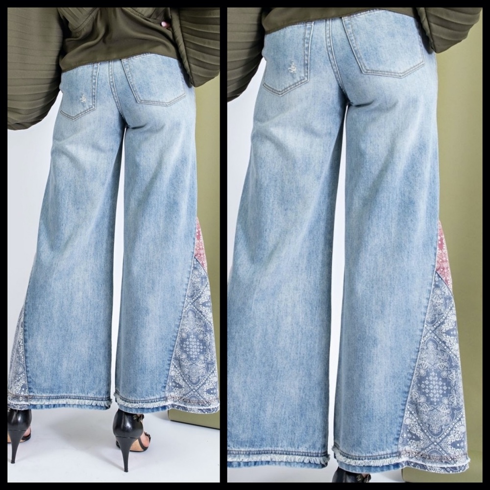 EASEL “I Got A Feeling” Light Denim Boyfriend Jeans Patchwork Details Flared Leg - Picture 2 of 14